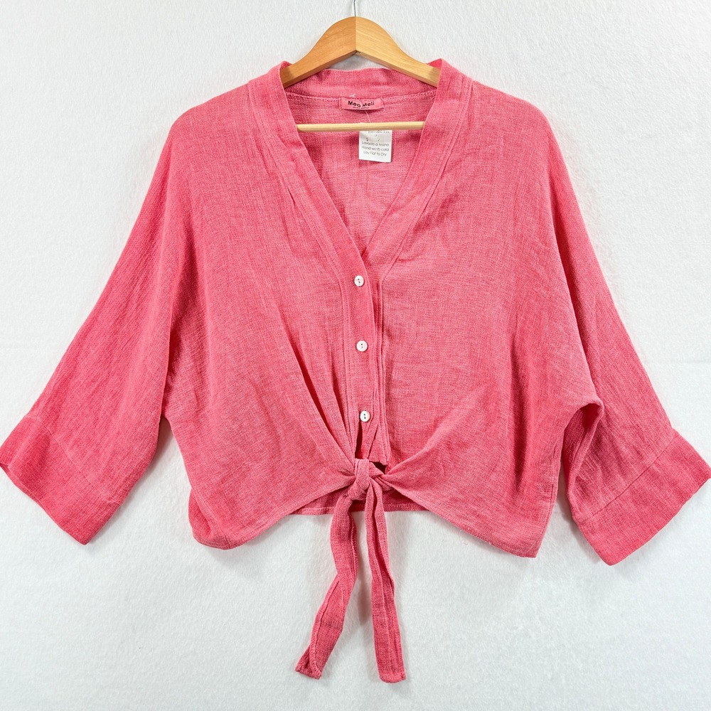 NEW Meo Meli Tie Front Top Womens Small Coral Pink Linen Blend Crop Coastal Boho